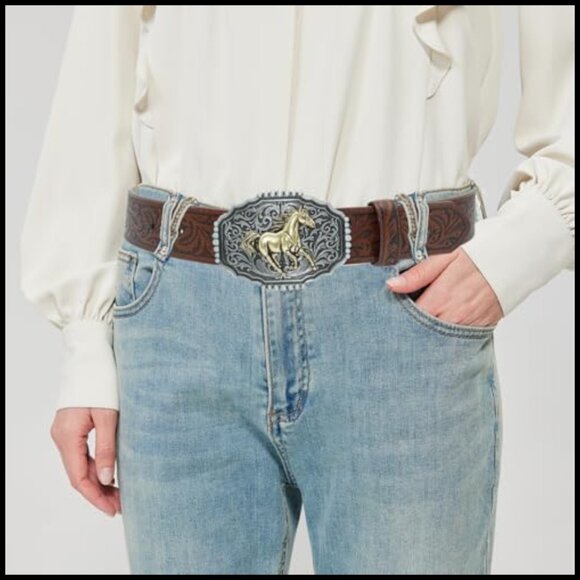 Western PU Leather Belt Floral Embossed Vintage Buckle Cowgirl Cowboy Style - Picture 2 of 7